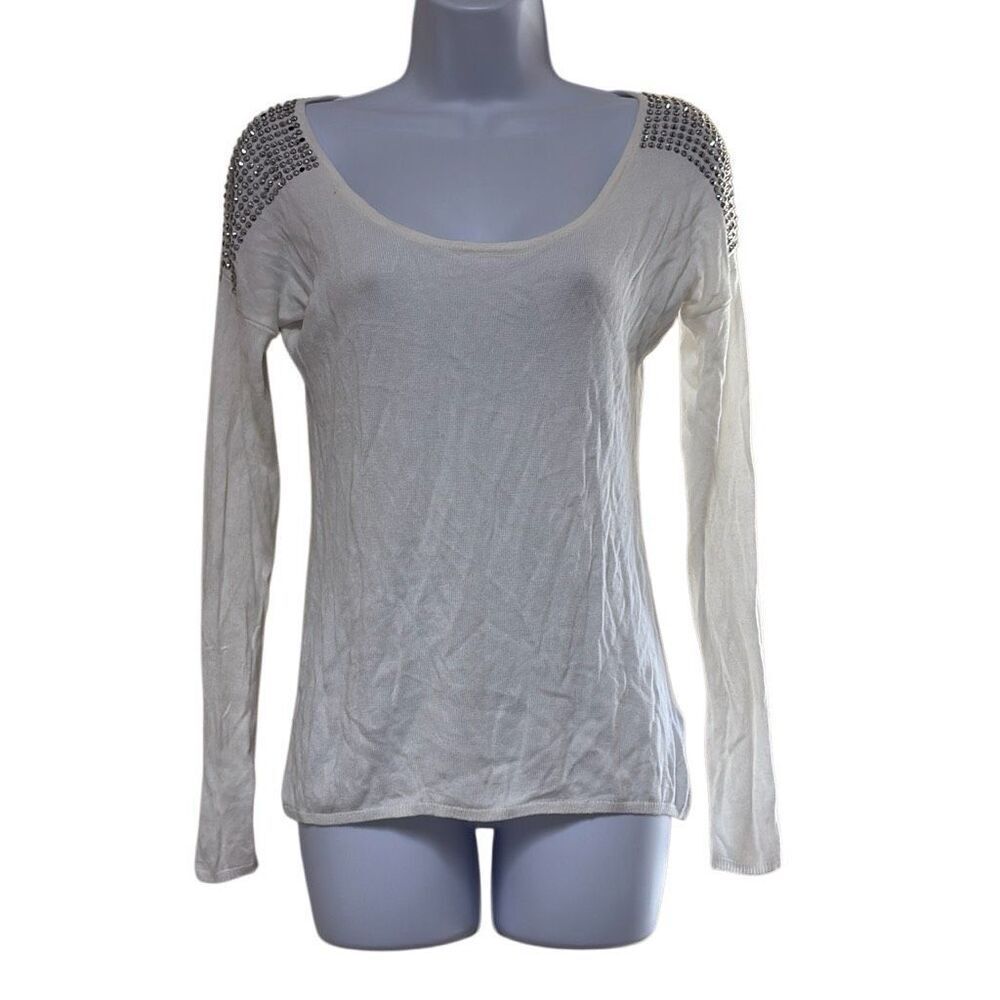 Express Small White Rhinestone‎ Embellished Shoulders Scoop Neck Knit Top Bling